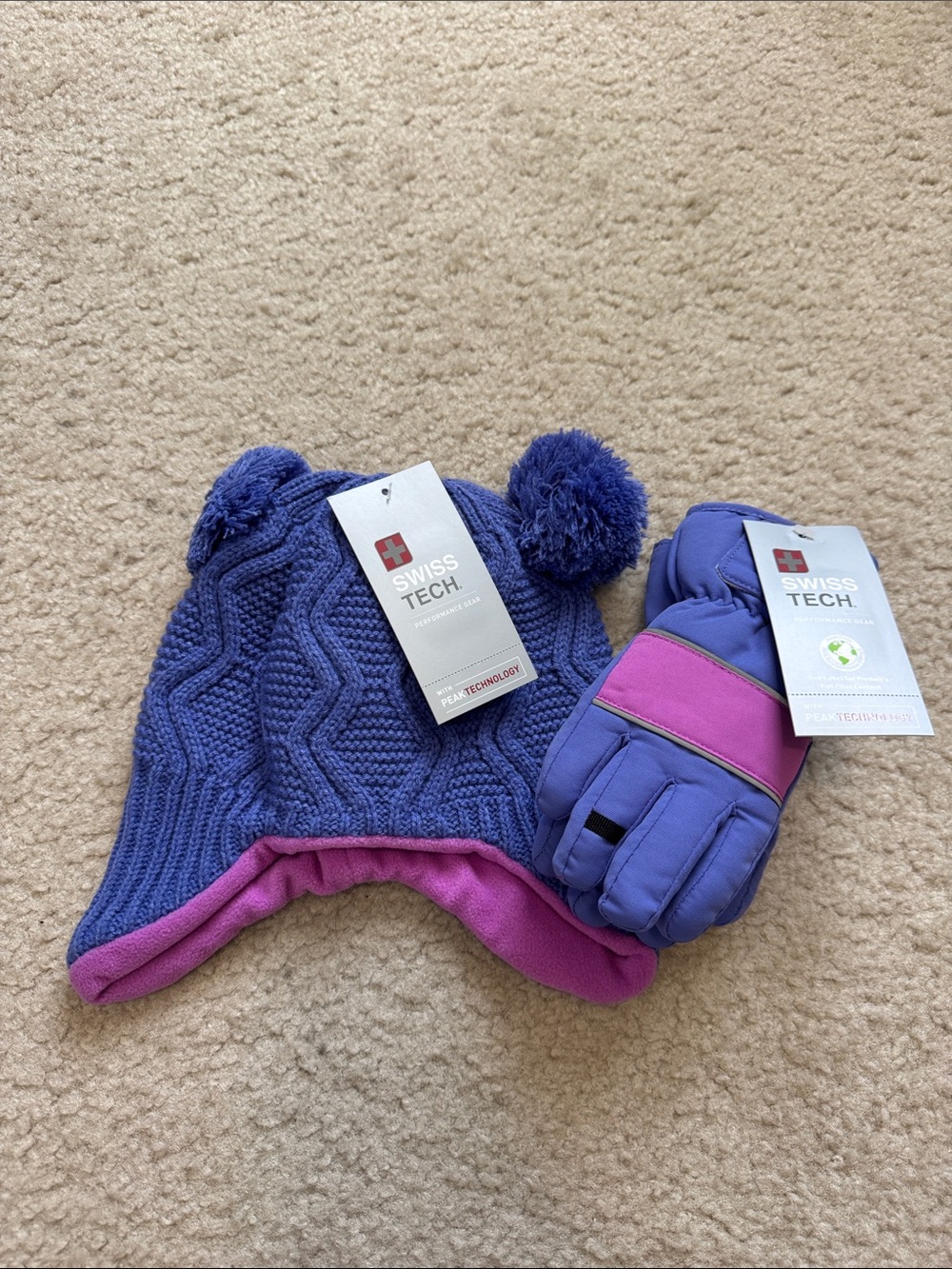 NWT 3M Thinsulate Purple Knit Pom Beanie with Pink-Trim Mittens - Size 5T